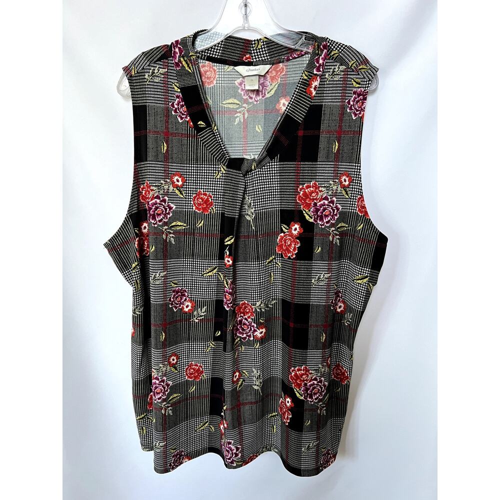 CJ Banks Plaid‎ Floral Knot V-Neck Sleeveless